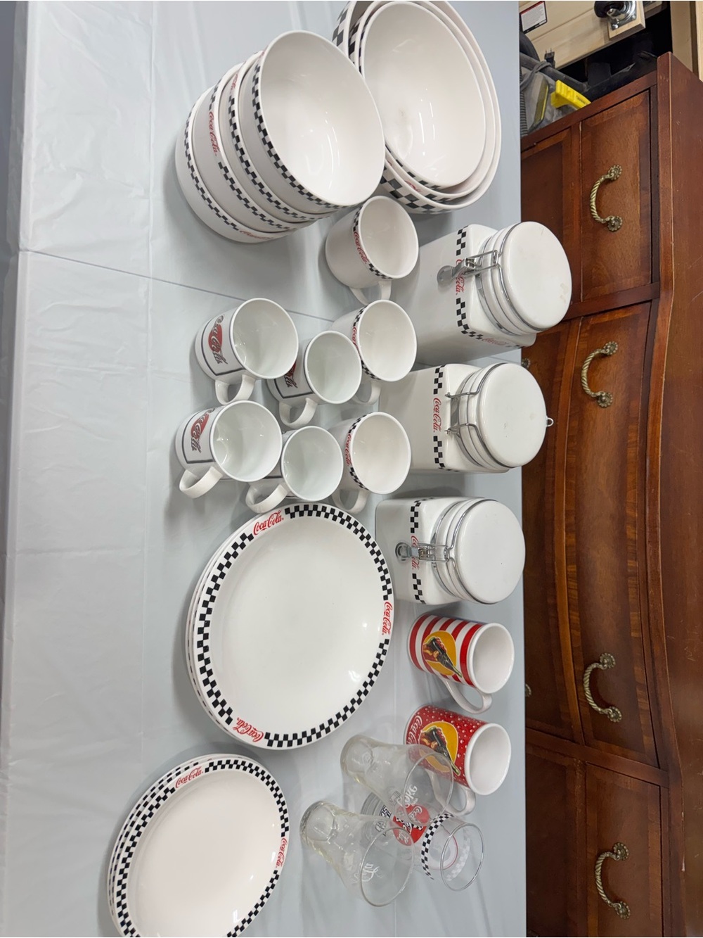 Vintage Coca Cola Gibson White Ceramic Dinnerware Set with Black Check Trim